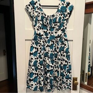 Unique Vintage Black and Teal Floral Dress, Size XL